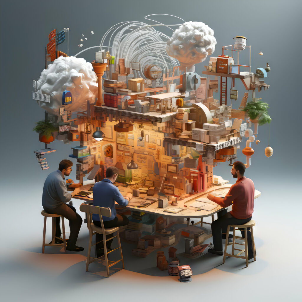 3d illustration of group of people sitting at table and working on creative building