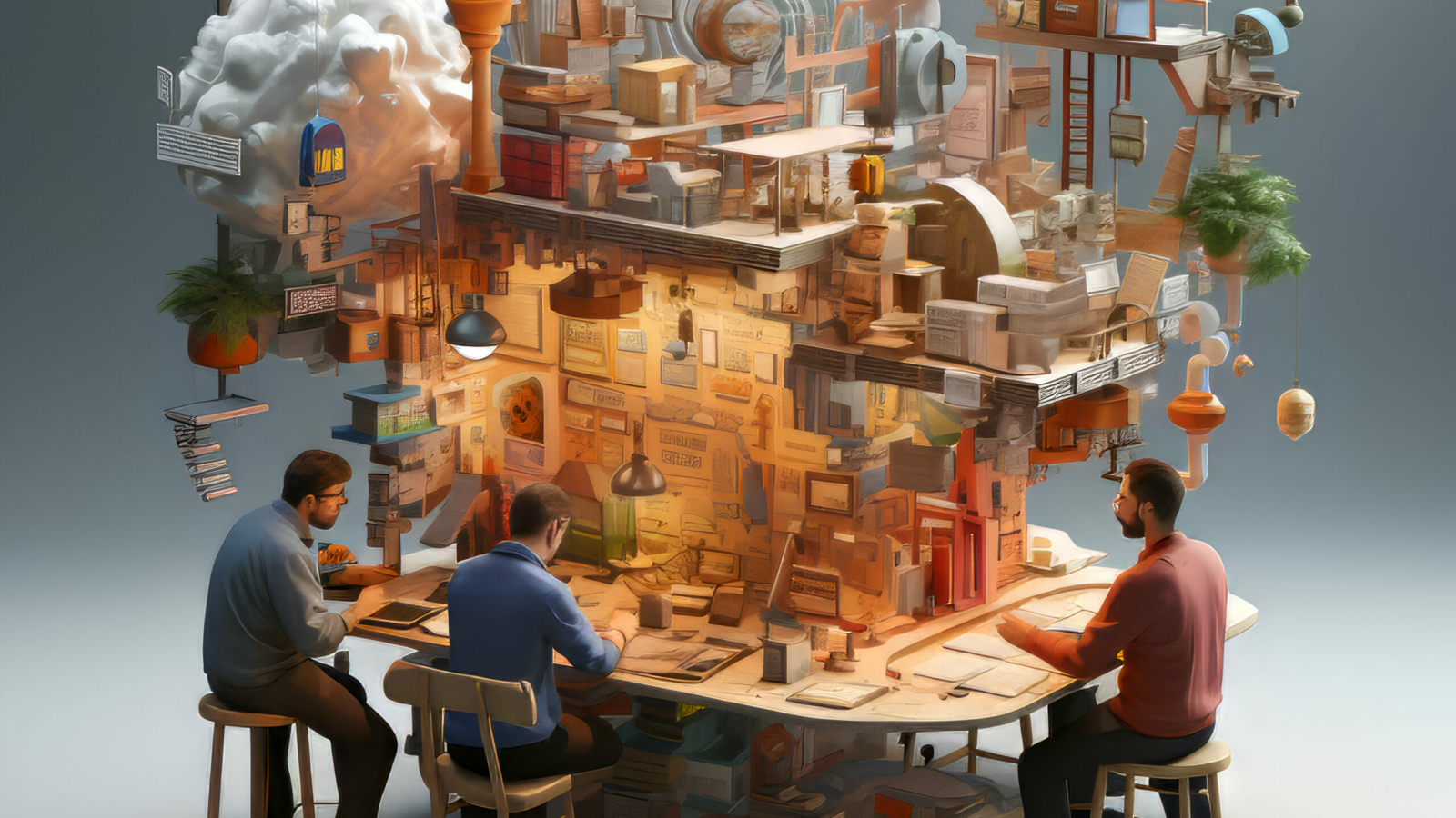 3d illustration of group of people sitting at table and working on creative building